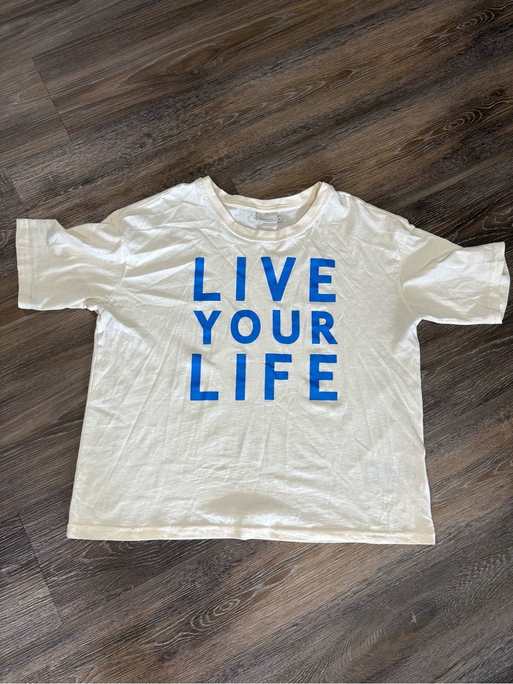 Kaffe Live Your Life White Tee with Blue Text - Women's Short Sleeve
